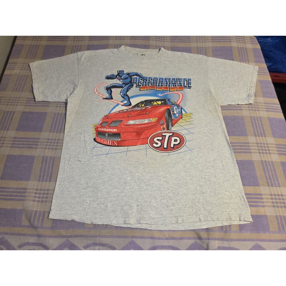 Vtg Nascar T Shirt STP Performance Man Gray Racing Track Gear 90s Bobby Hamilton